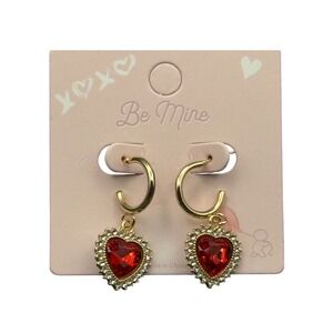 Gold Tone Heart Hoop Earrings Red Gem Rhinestone Dangle Charm Be Mine Valentine